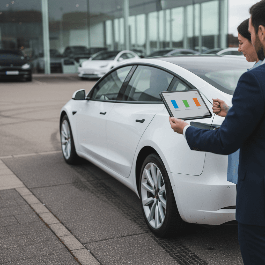 Salesperson and owner reviewing a 2022 Tesla Model 3 battery health report during trade in appraisal
