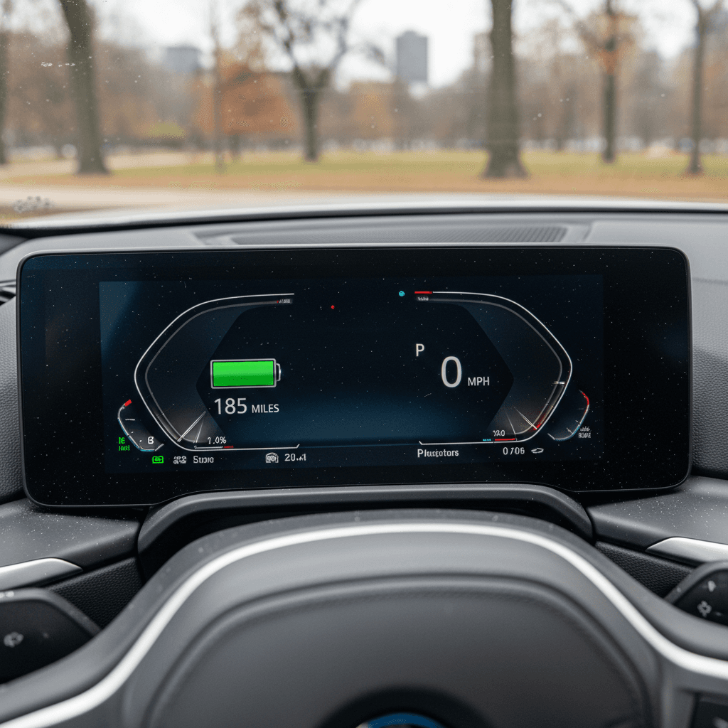 Digital cockpit of a 2023 BMW i4 showing state of charge and estimated range on the central display.