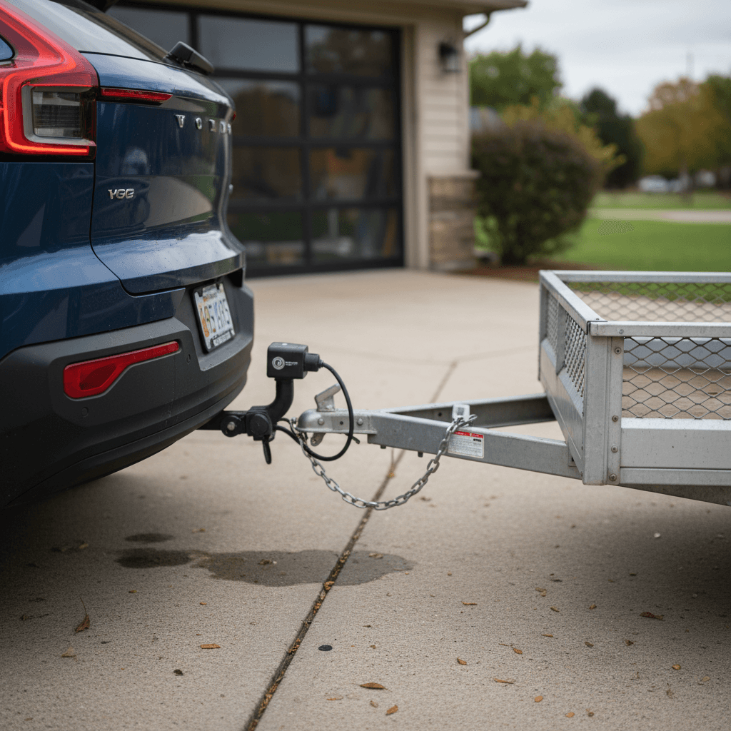 Volvo EX30 with a small camping trailer attached to the factory tow hitch in a residential setting