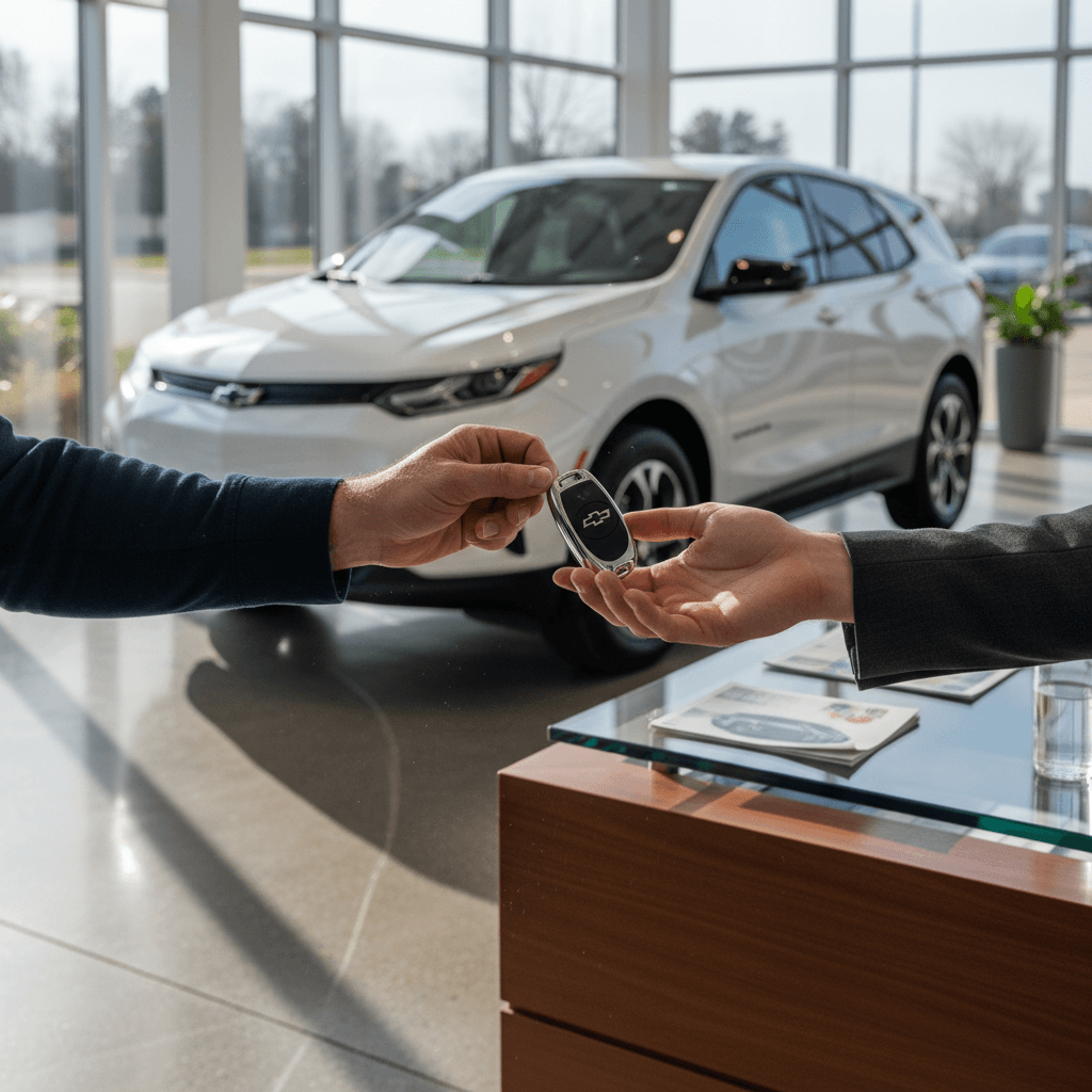 Chevrolet Equinox EV owner finalizing sale paperwork with an EV specialist at a modern showroom