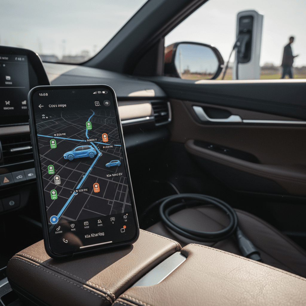 Kia electric vehicle connected to a home wall-mounted Level 2 charger in a garage