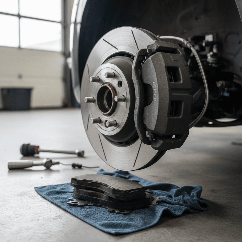 Kia EV6 wheel removed showing the disc brake rotor, caliper, and pads being inspected by a technician