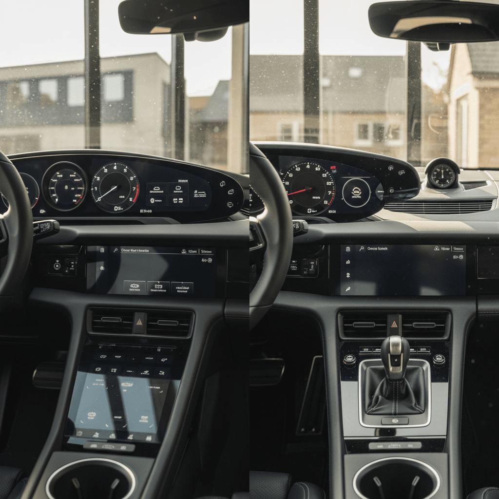 Side-by-side cockpits of a Porsche Taycan and 911 highlighting the Taycan’s digital screens and the 911’s more traditional sports-car layout