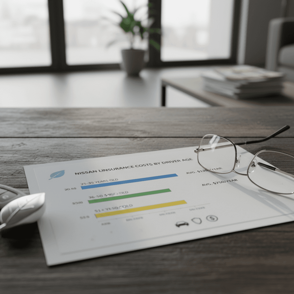 Infographic showing how Nissan Leaf insurance costs typically decline from teen drivers to middle age and rise again after 70