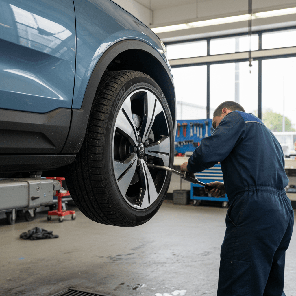 Technician inspecting a Volvo EX30’s wheels, tires, and underbody on a lift in a bright service bay