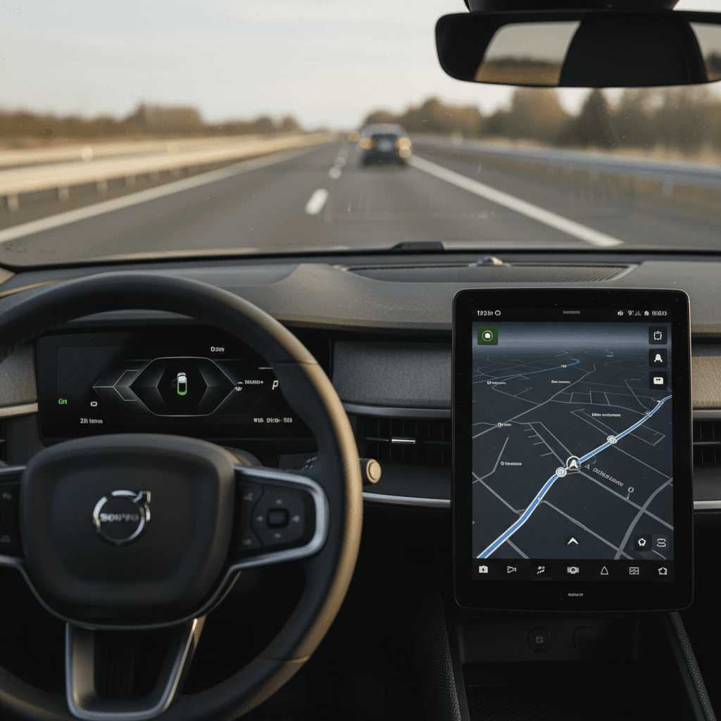 Driver’s view inside a Polestar 3 showing digital driver display and large central touchscreen with navigation running during a highway trip