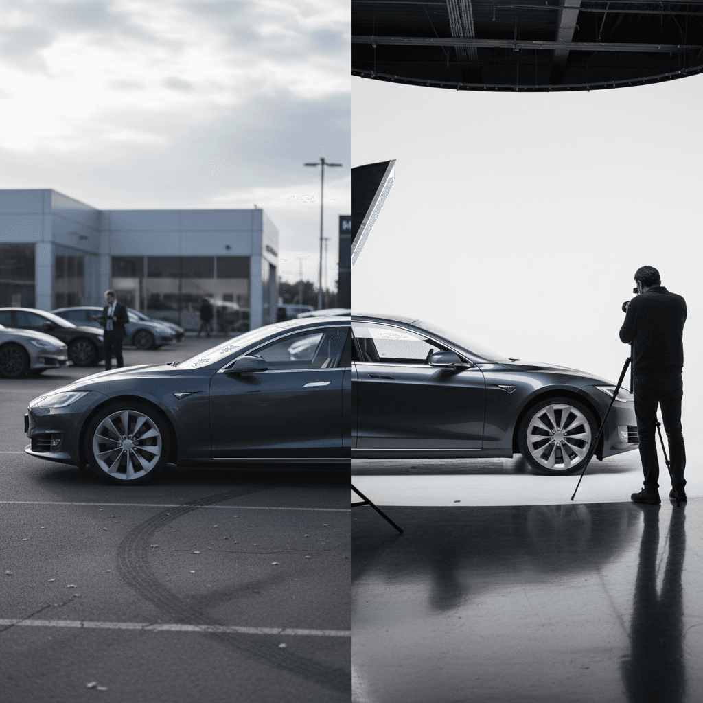 Side-by-side comparison of an electric car at a dealership and the same car staged for professional online photos