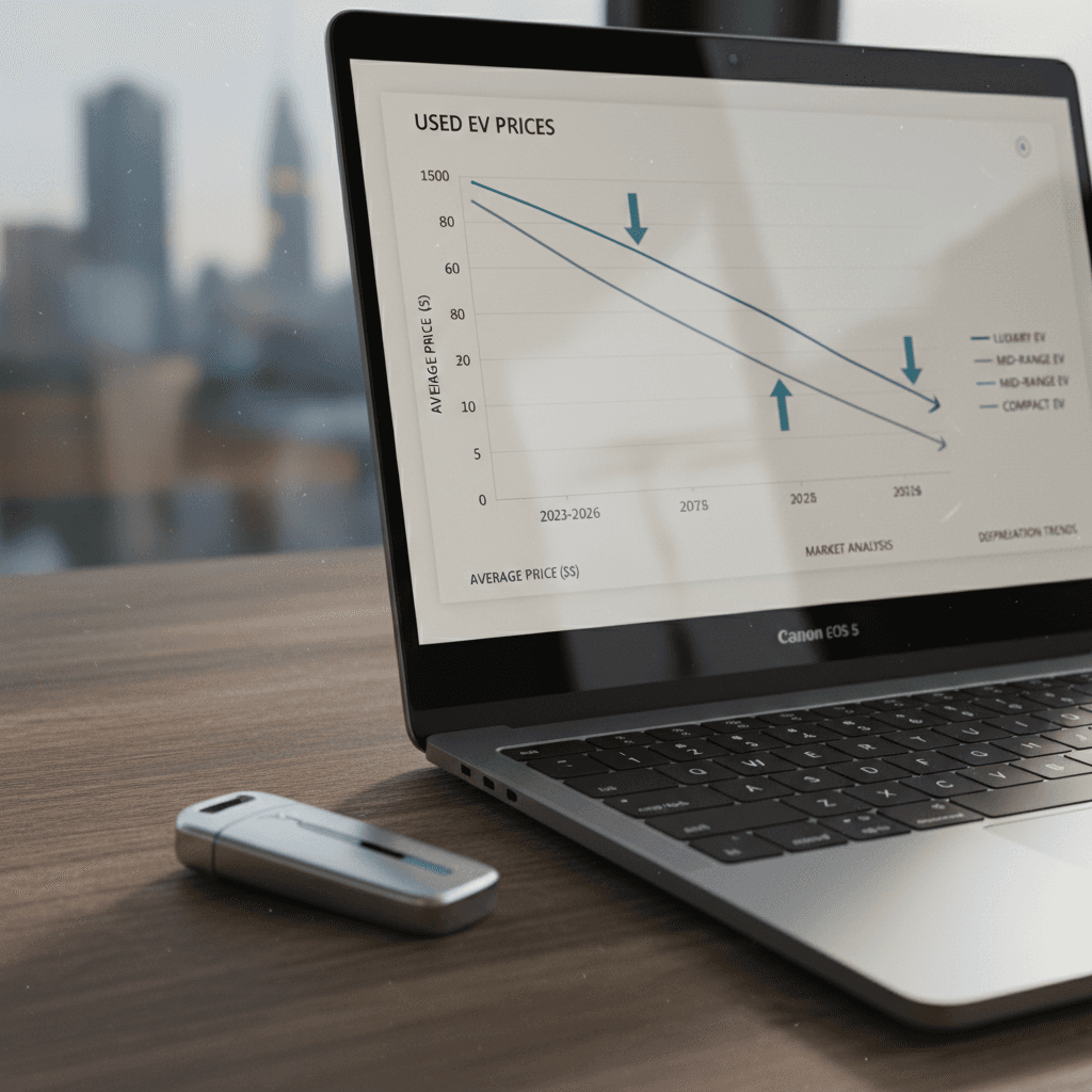 Line graph on a laptop screen showing used EV prices trending downward between 2022 and 2026 next to an electric car key fob