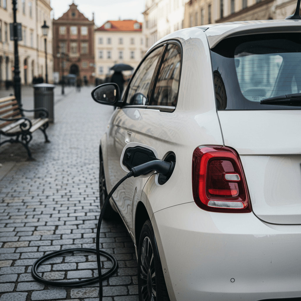 Tiny electric city car parked tightly between larger vehicles on a narrow urban street