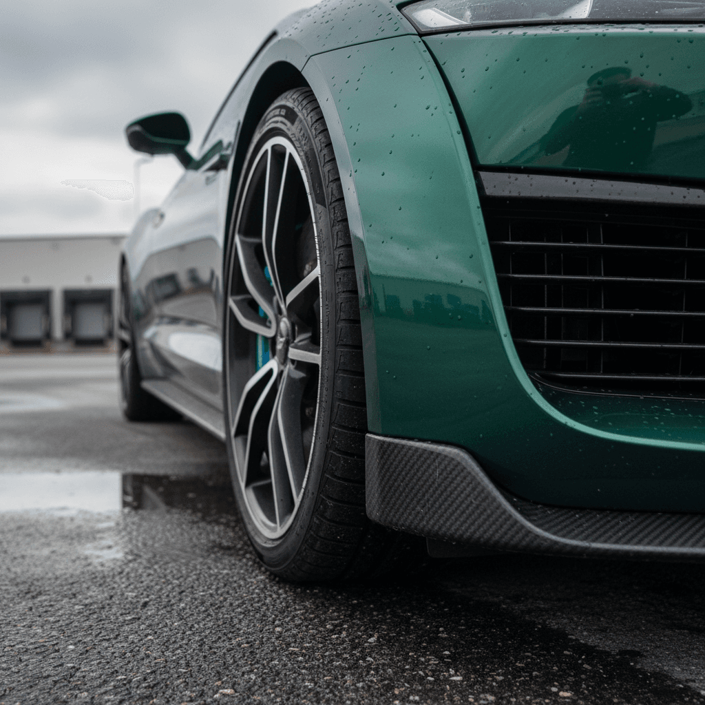 Electric performance sedan taking a fast corner on a racetrack