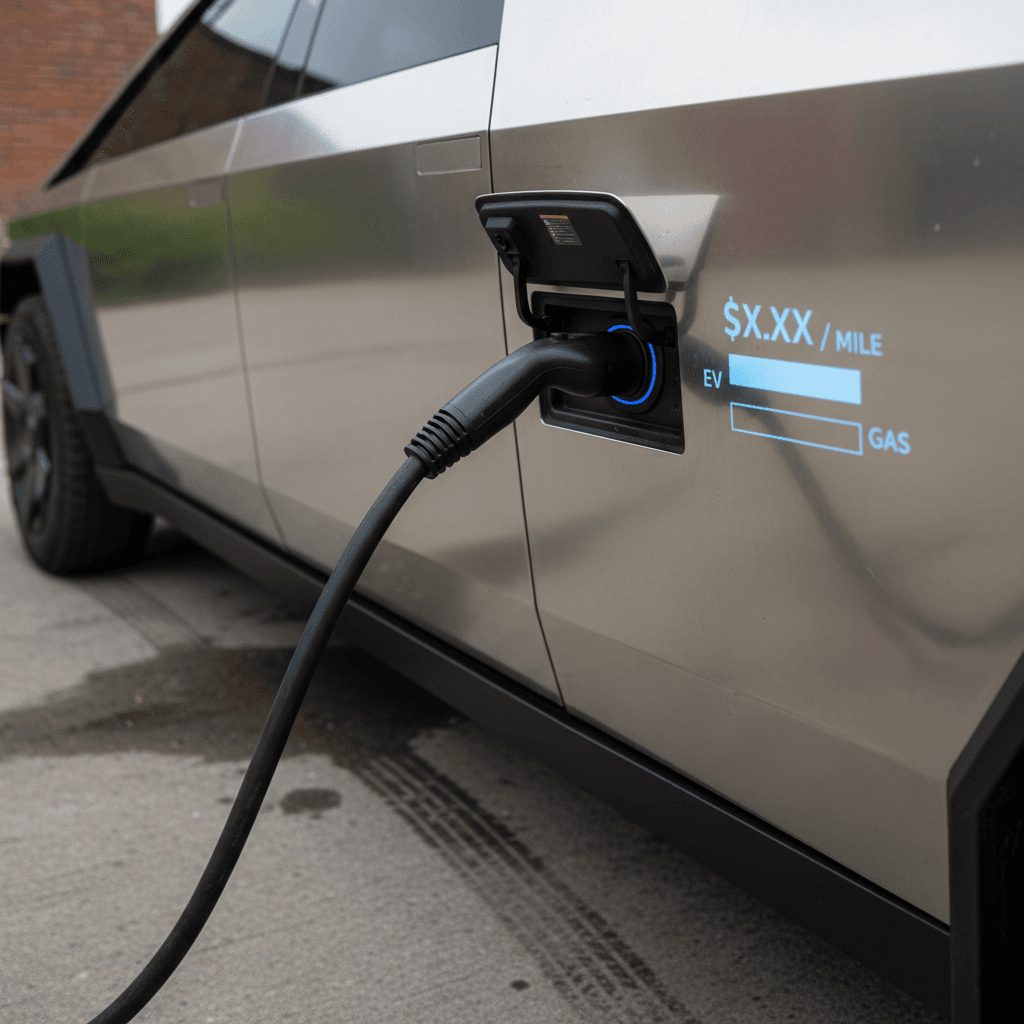 Tesla Cybertruck plugged into a home charger with overlay showing energy consumption in Wh per mile and cost per mile estimates