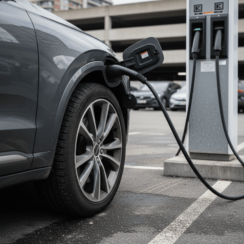 Volvo EX90 plugged into a public DC fast charger, showing charging status on the station screen