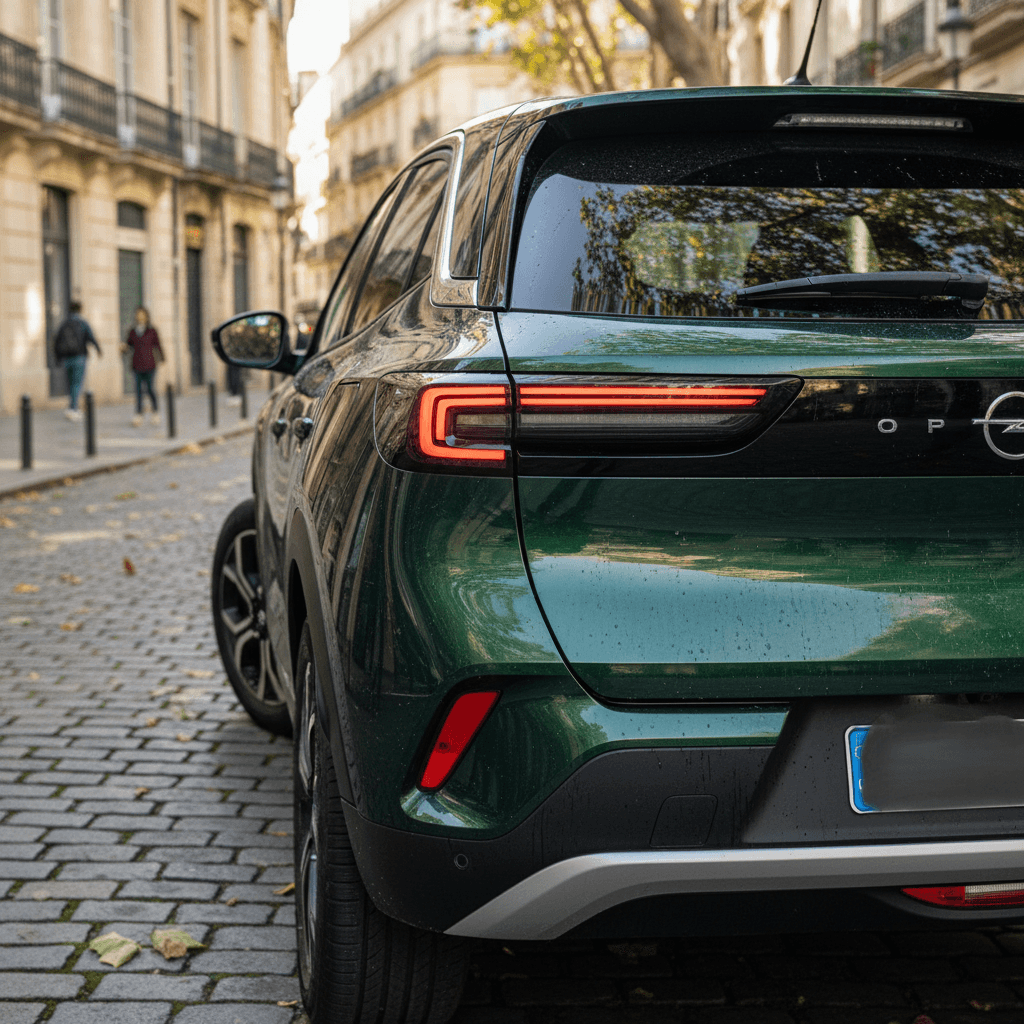 Compact electric SUV similar in size to an Opel Mokka driving through a European city street