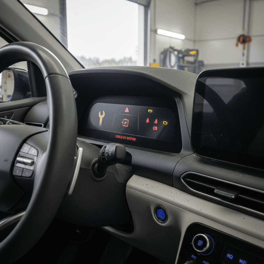 Hyundai Ioniq 5 dashboard displaying multiple warning icons while parked in a service bay