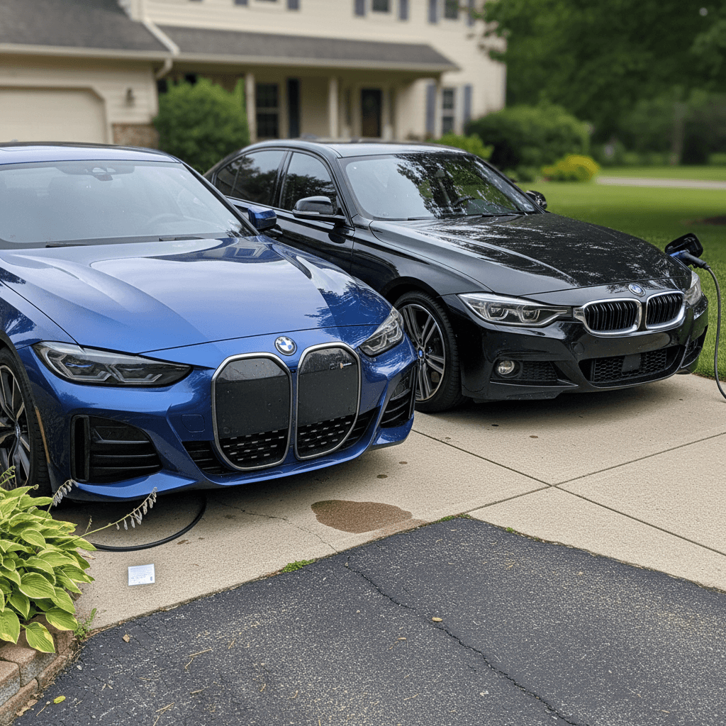 BMW i4 electric sedan parked next to a gas-powered BMW 3 Series in a suburban driveway, highlighting cost differences between EV and gas models