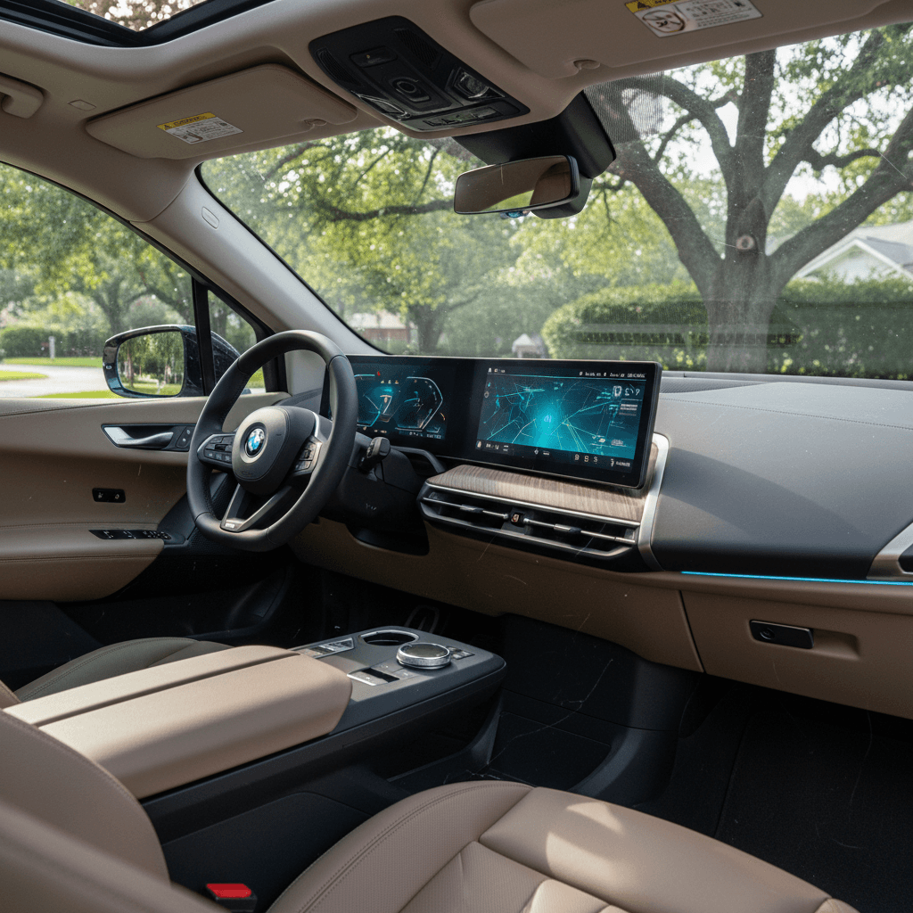 Interior of a 2022 BMW iX showing the curved dual display, minimalist dash and light colored seats