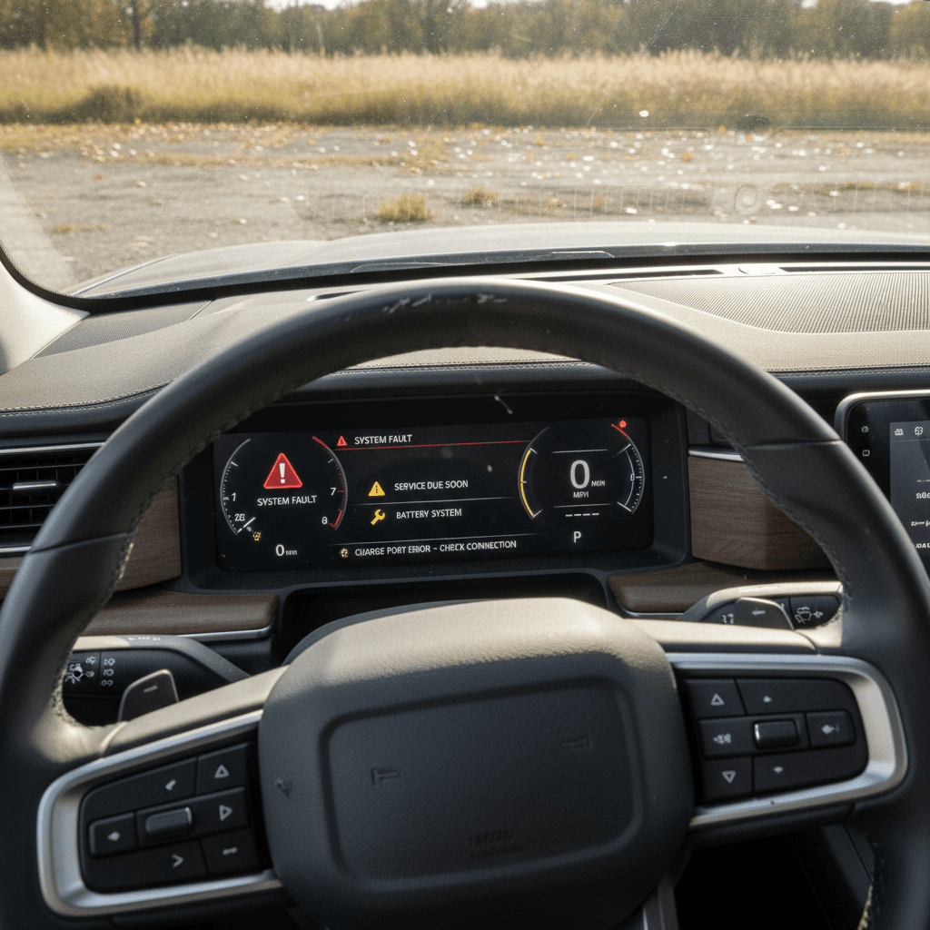 Rivian R1T interior with driver display showing multiple warning icons lit, highlighting potential issues.