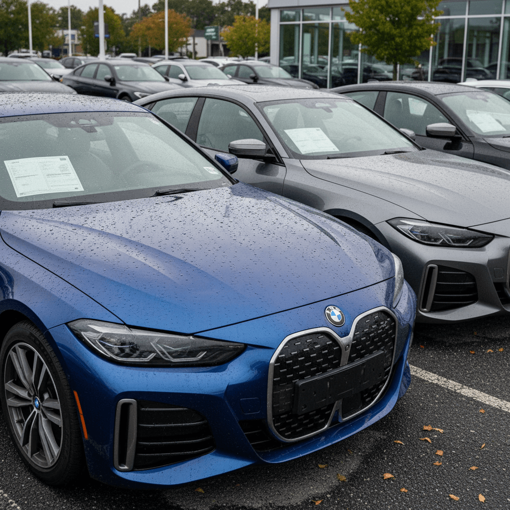 Row of used BMW i4 electric sedans displayed on a dealer lot with price stickers in the windows