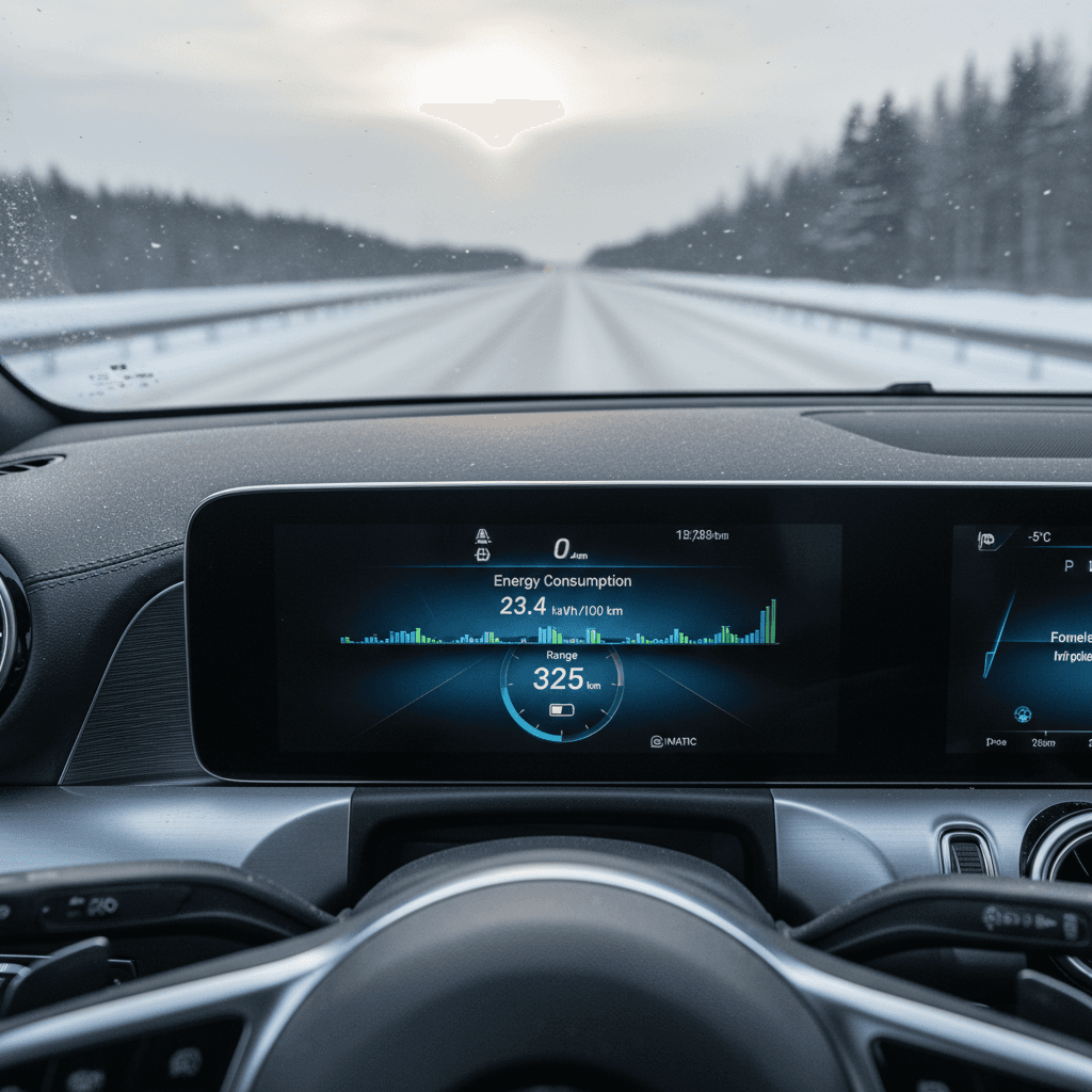 Mercedes EQB digital instrument cluster showing remaining range and energy consumption during a winter highway drive