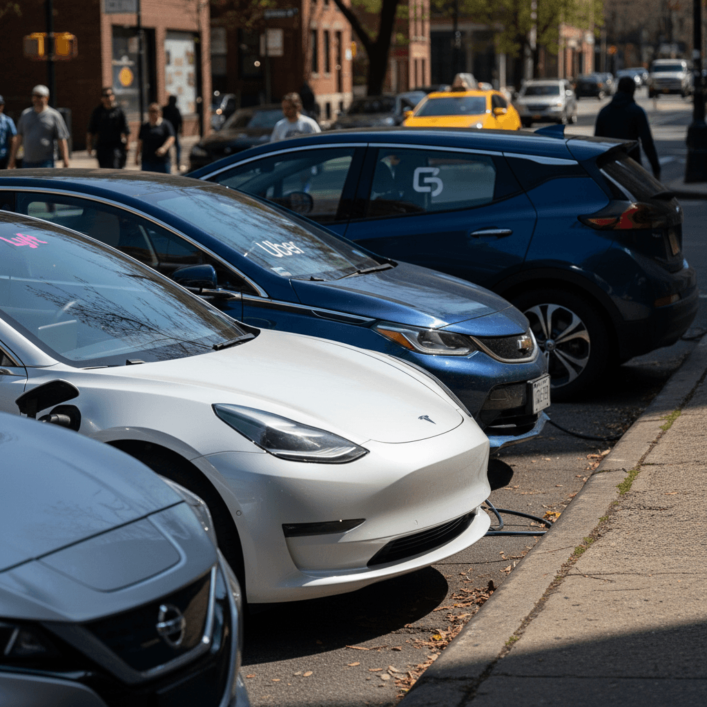 Lineup of popular electric cars that work well for Lyft drivers parked at a city curb
