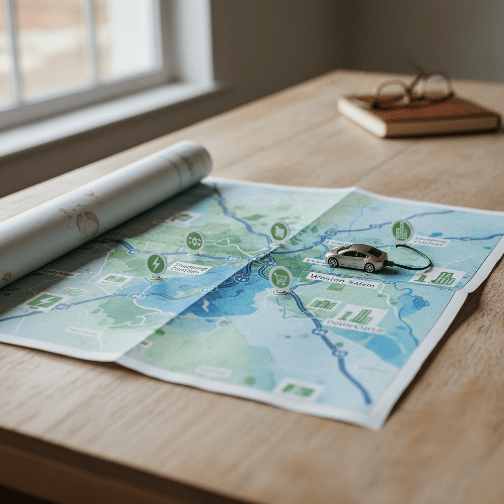 Electric car plugged into a Level 2 charger in a mixed-use Atlanta parking garage with downtown buildings in the distance