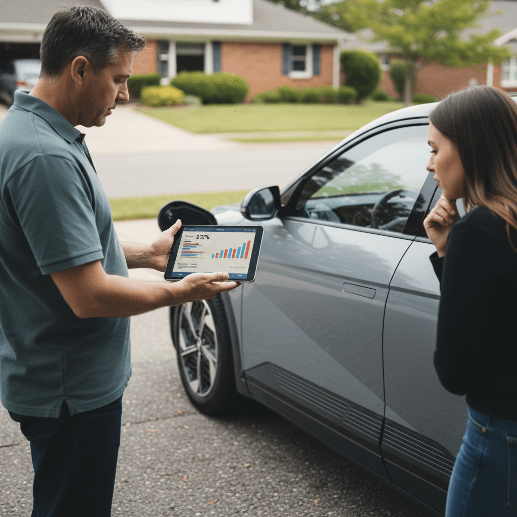 Seller showing a Hyundai IONIQ 5 to a potential buyer with a tablet displaying battery health and service history