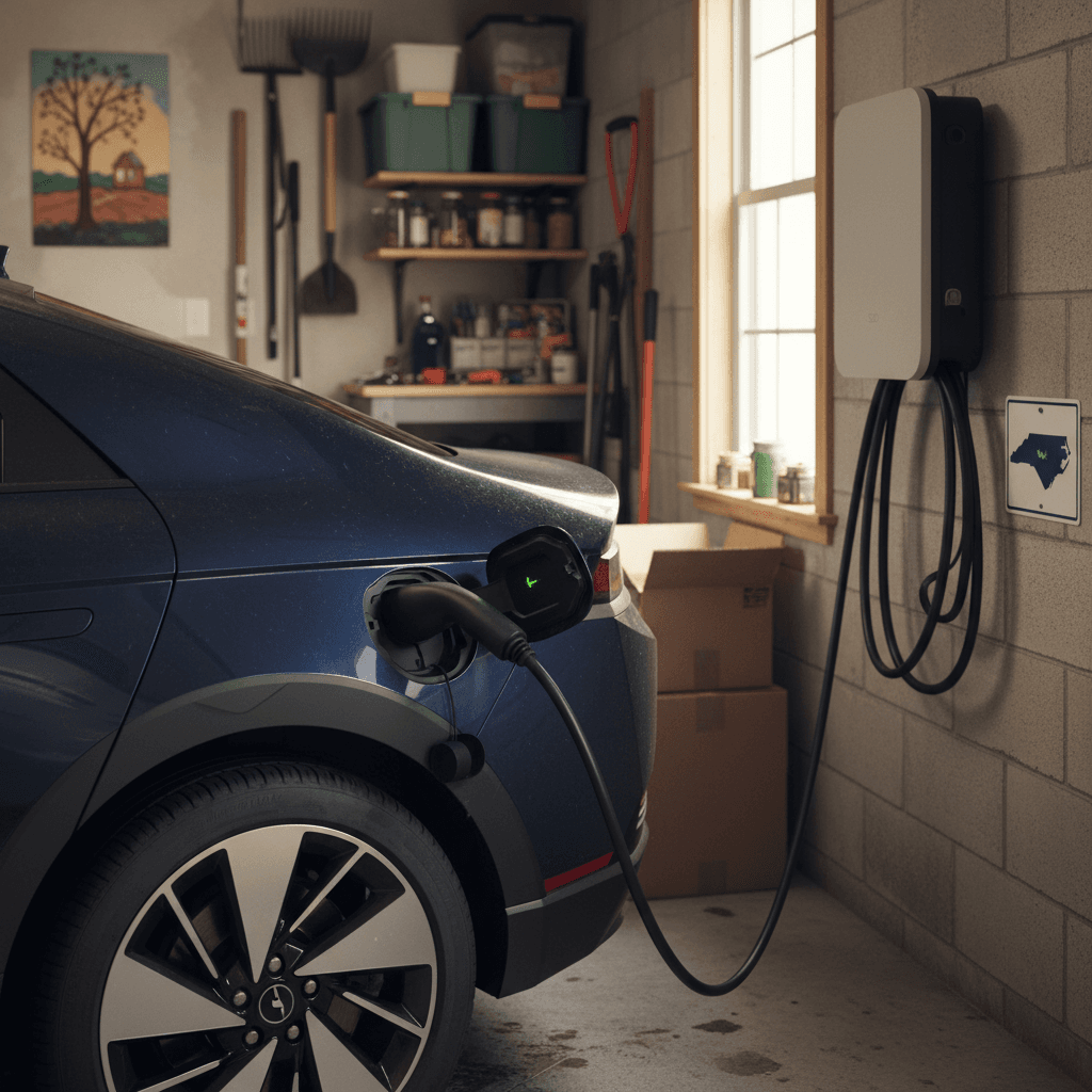 Level 2 home EV charger installed in a North Carolina garage, connected to an electric vehicle