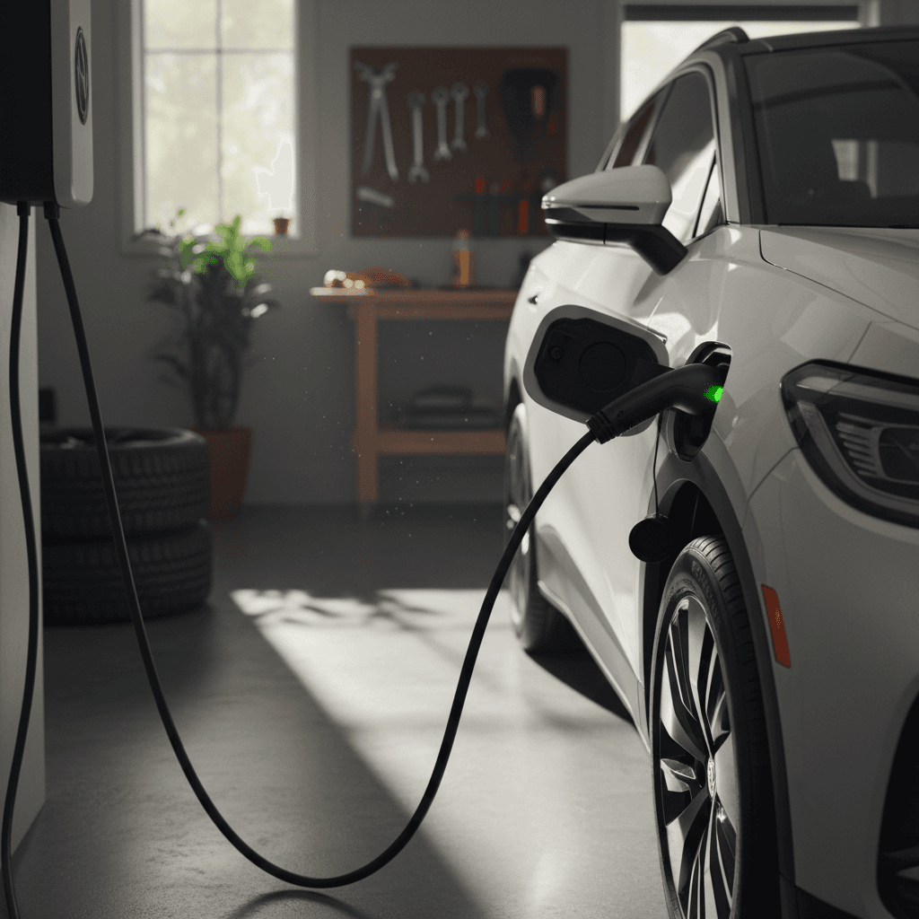 Level 2 home EV charger plugged into a Volkswagen ID.4 in a tidy residential garage