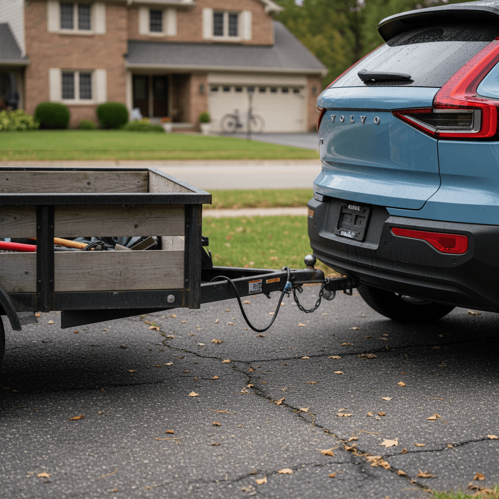 Volvo EX30 with factory tow hitch attached to a small trailer in a driveway