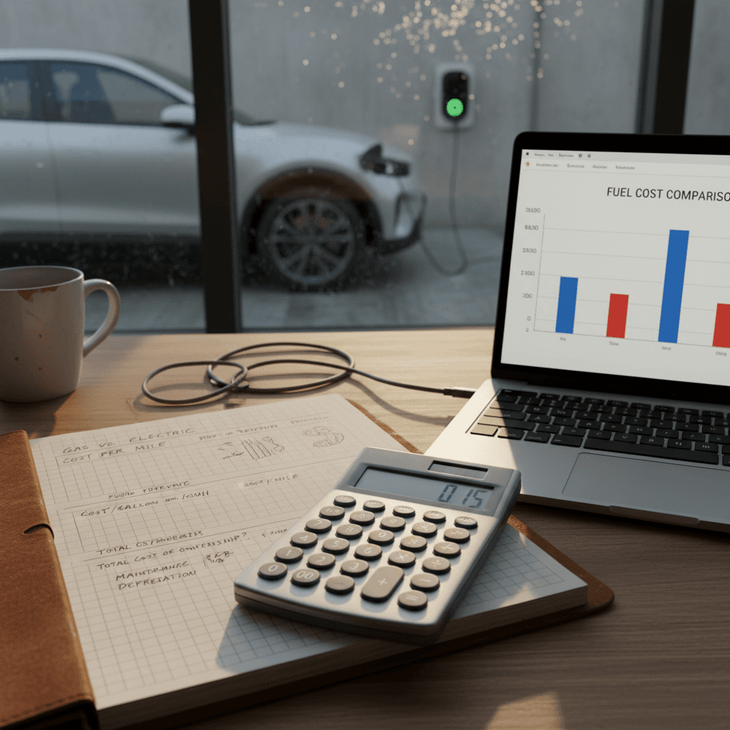 Notebook and calculator on a desk with a gas vs electric car cost comparison chart, while an electric car charges in the background
