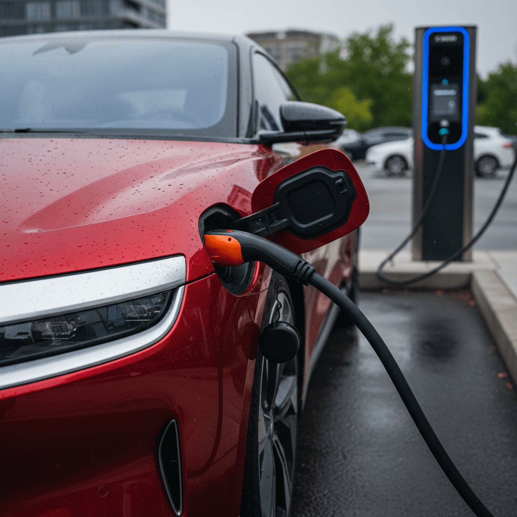 2023 Lucid Air sedan charging at a DC fast charger with cable connected on driver side
