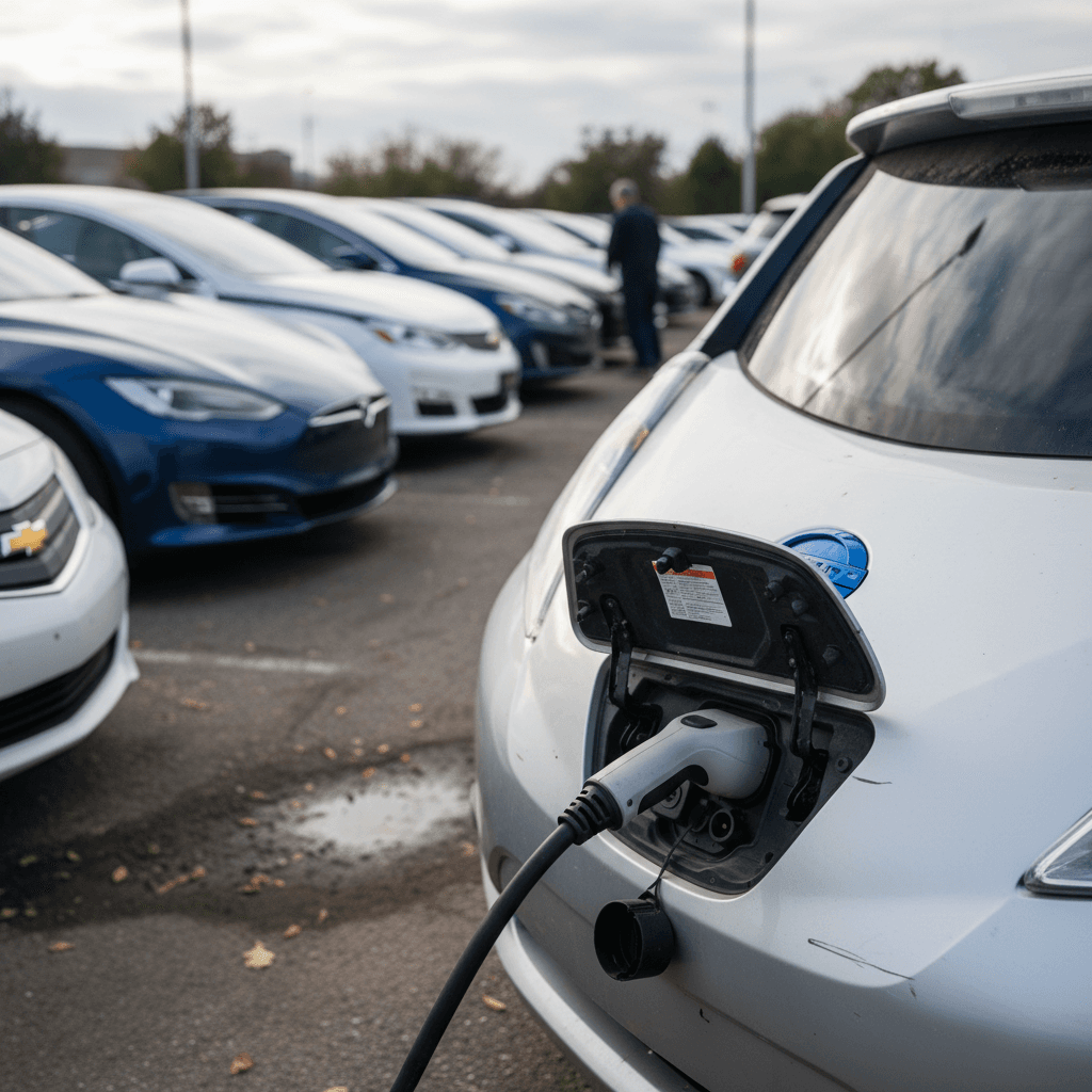 Row of used electric vehicles parked at a dealership lot, illustrating marketplace inventory