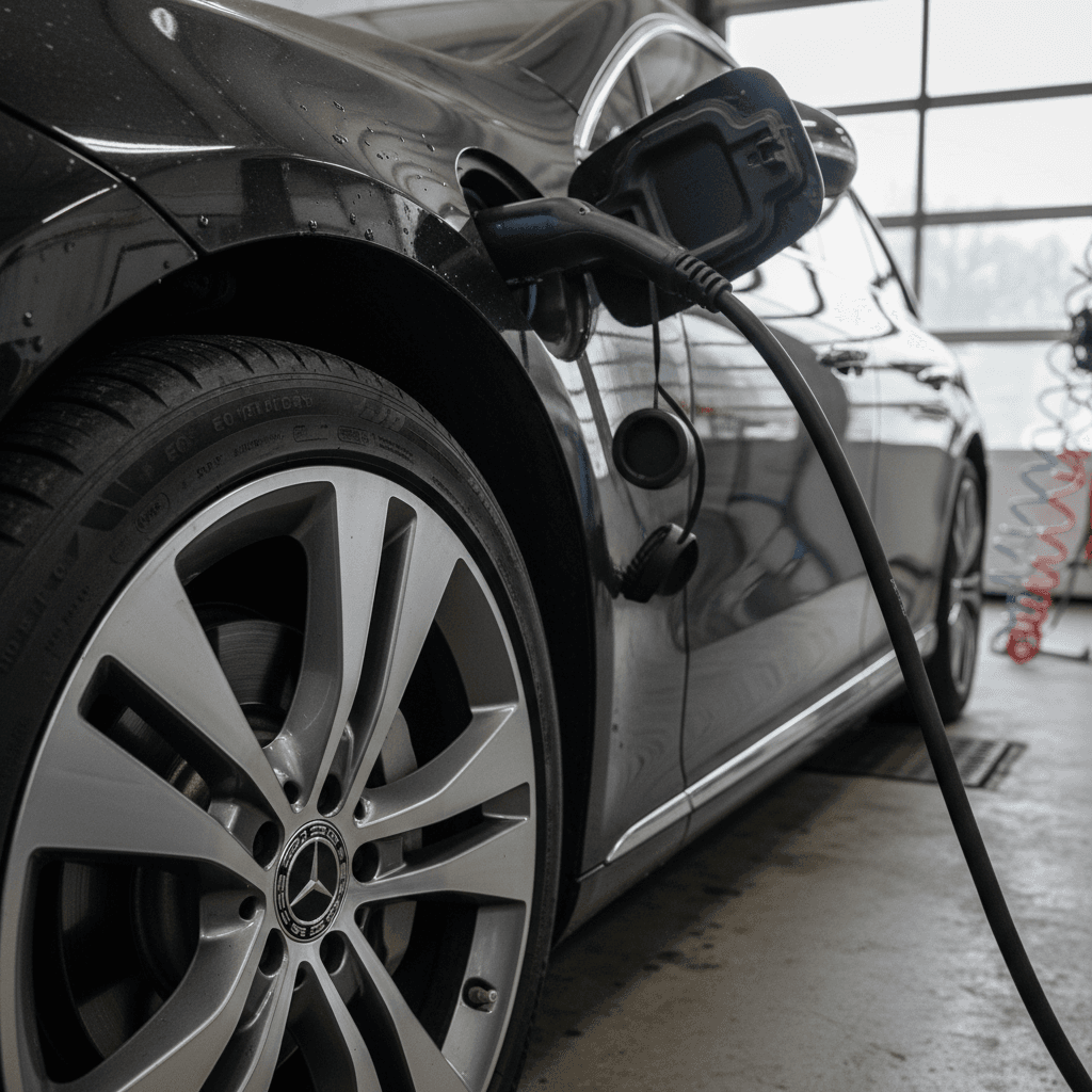 2022 Mercedes EQS sedan plugged in at a dealership service bay