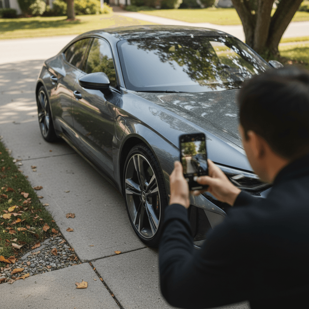 Owner photographing a used Audi e-tron GT in a driveway to prepare an online listing
