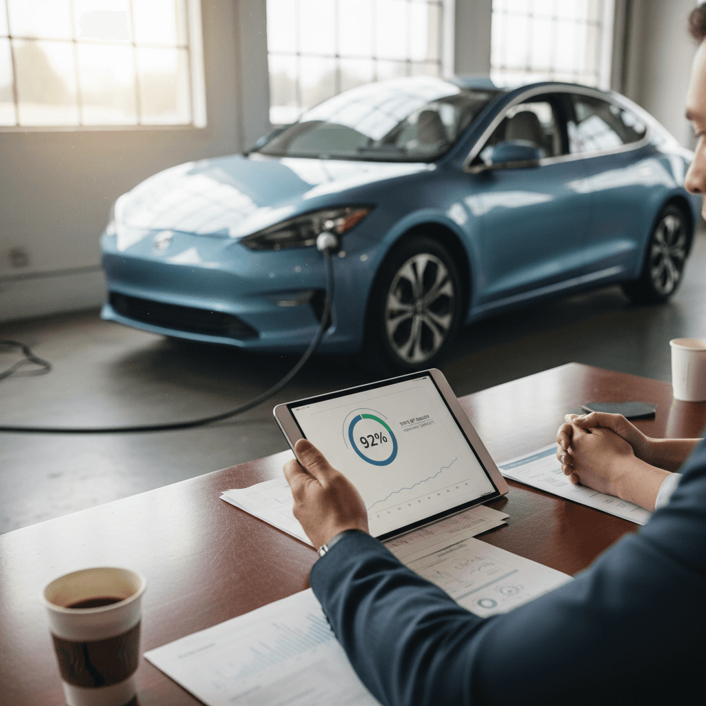 EV shopper reviewing a used electric car battery health report with an advisor on a tablet