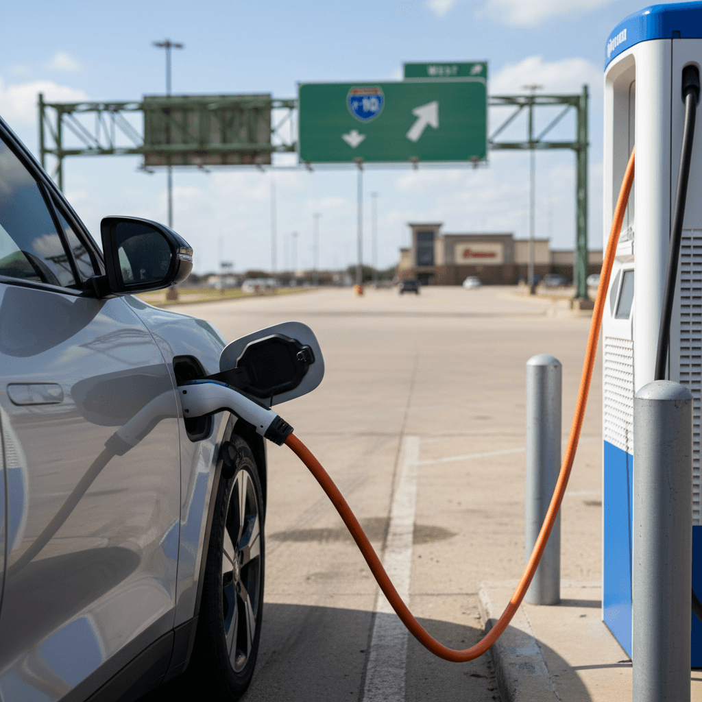 Electric vehicle plugged into a DC fast charger at a Texas highway travel center with interstate signs behind it