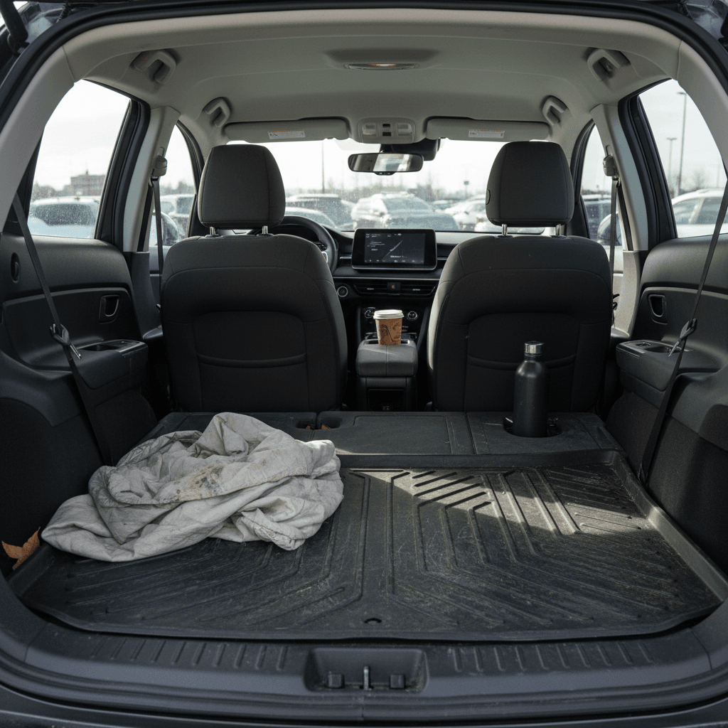 Pre-owned electric crossover SUV interior and cargo space in a showroom, seats folded flat to show practicality