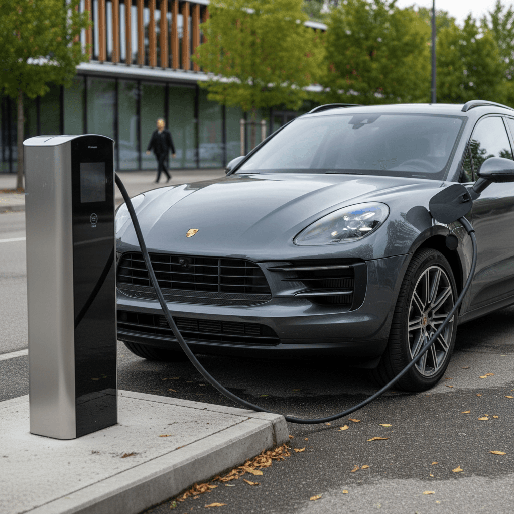 Porsche Macan Electric charging at a public station in a city, highlighting its premium SUV design and EV capability
