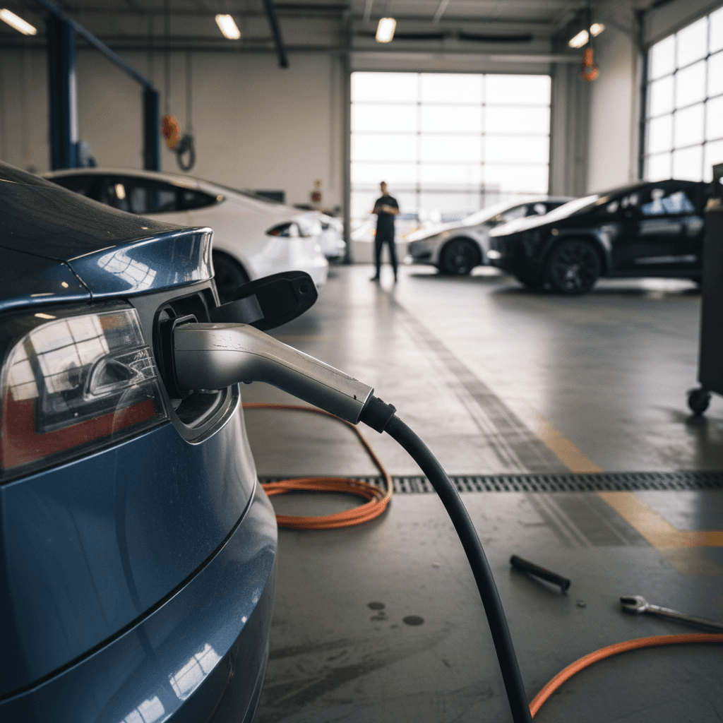 Several Tesla vehicles parked inside a bright service center with technicians working on them