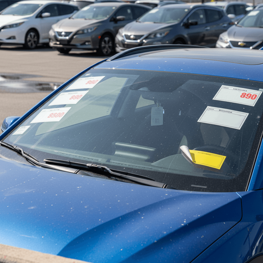 A row of used Hyundai Kona Electric crossovers lined up at a dealership lot with price stickers visible in the windows