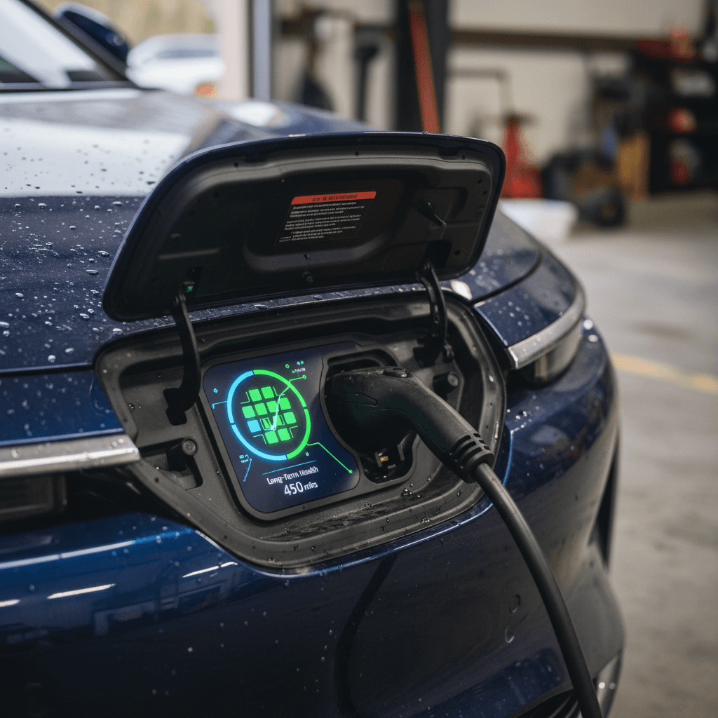 Lucid Air charging port close-up with on-screen battery graphic showing healthy long-term state of charge