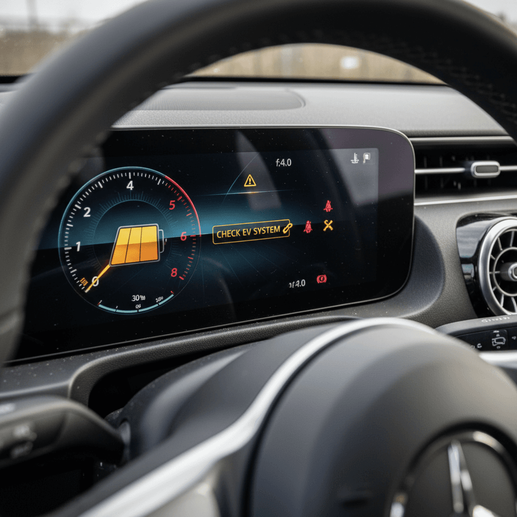 Instrument cluster of a Mercedes EQB showing multiple warning lights and battery status indicators