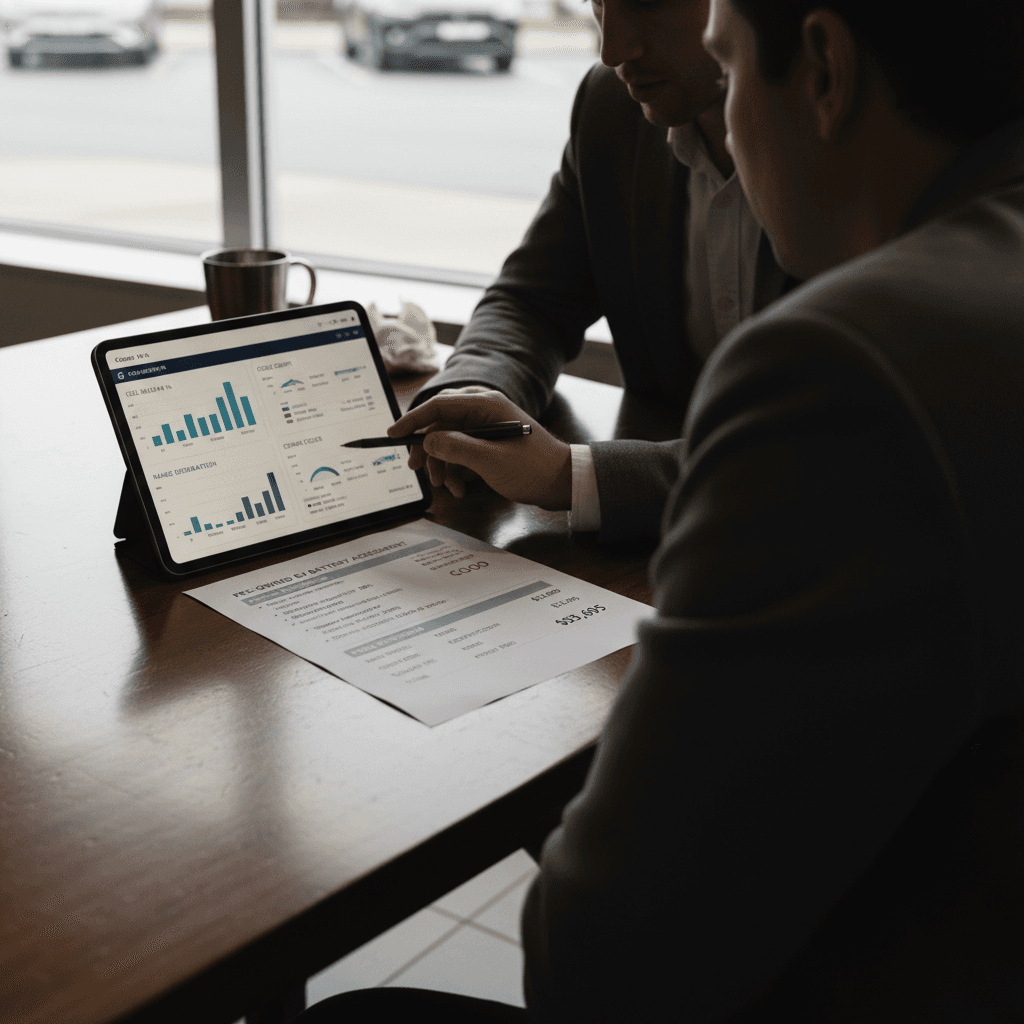 Buyer and salesperson reviewing a used EV battery health and pricing report together at a desk
