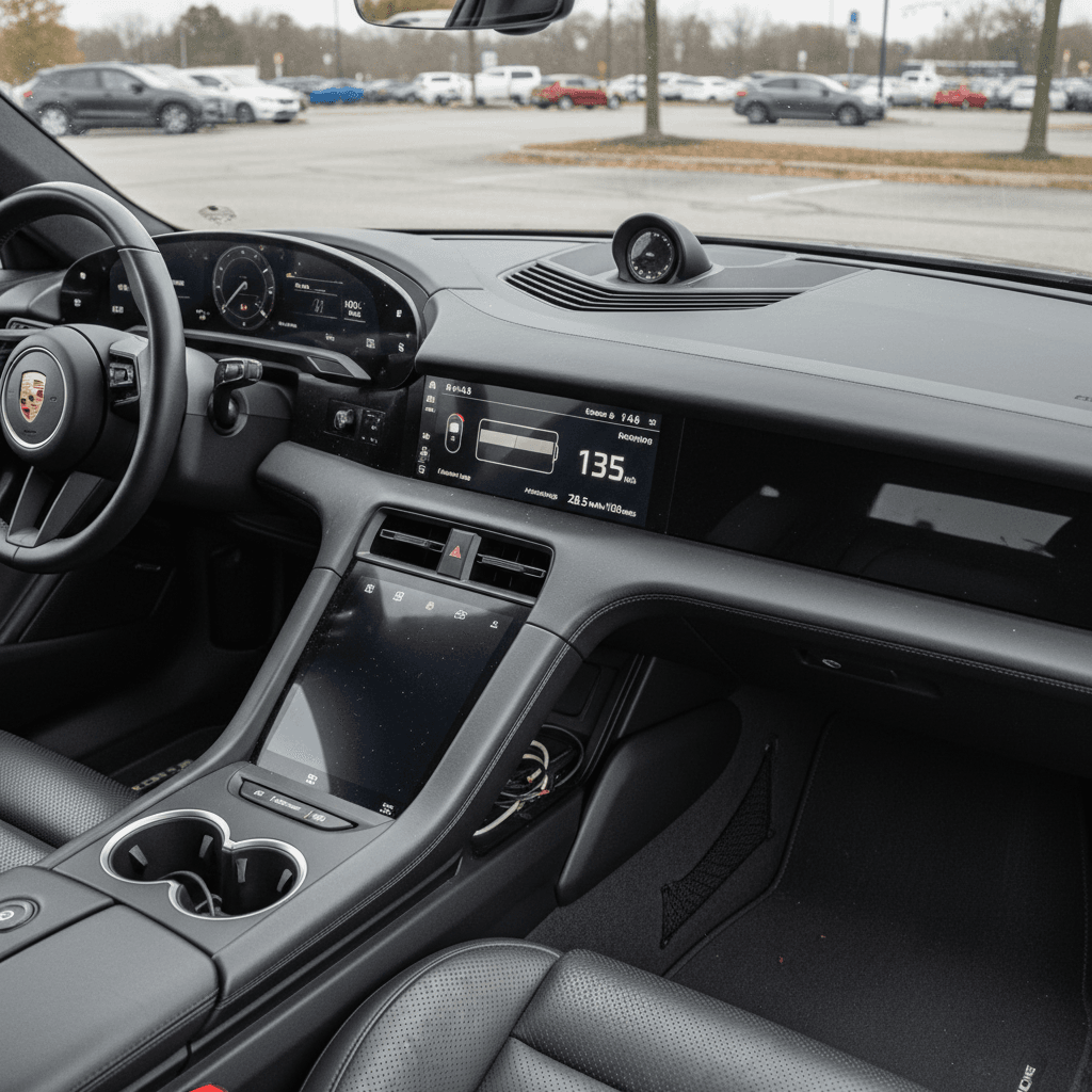 Clean, well‑detailed Porsche Taycan interior with central touchscreen and battery range display, ready to impress buyers