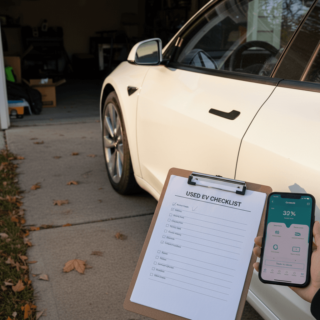 Owner checking off a Tesla Model 3 selling checklist while using the Tesla app next to their car