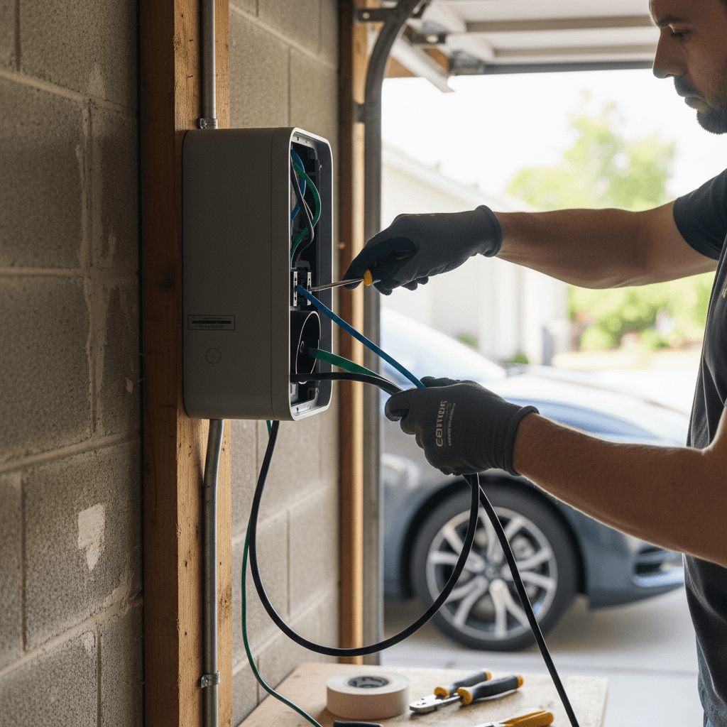 Licensed electrician inspecting a home electrical panel before installing a Level 2 EV charger