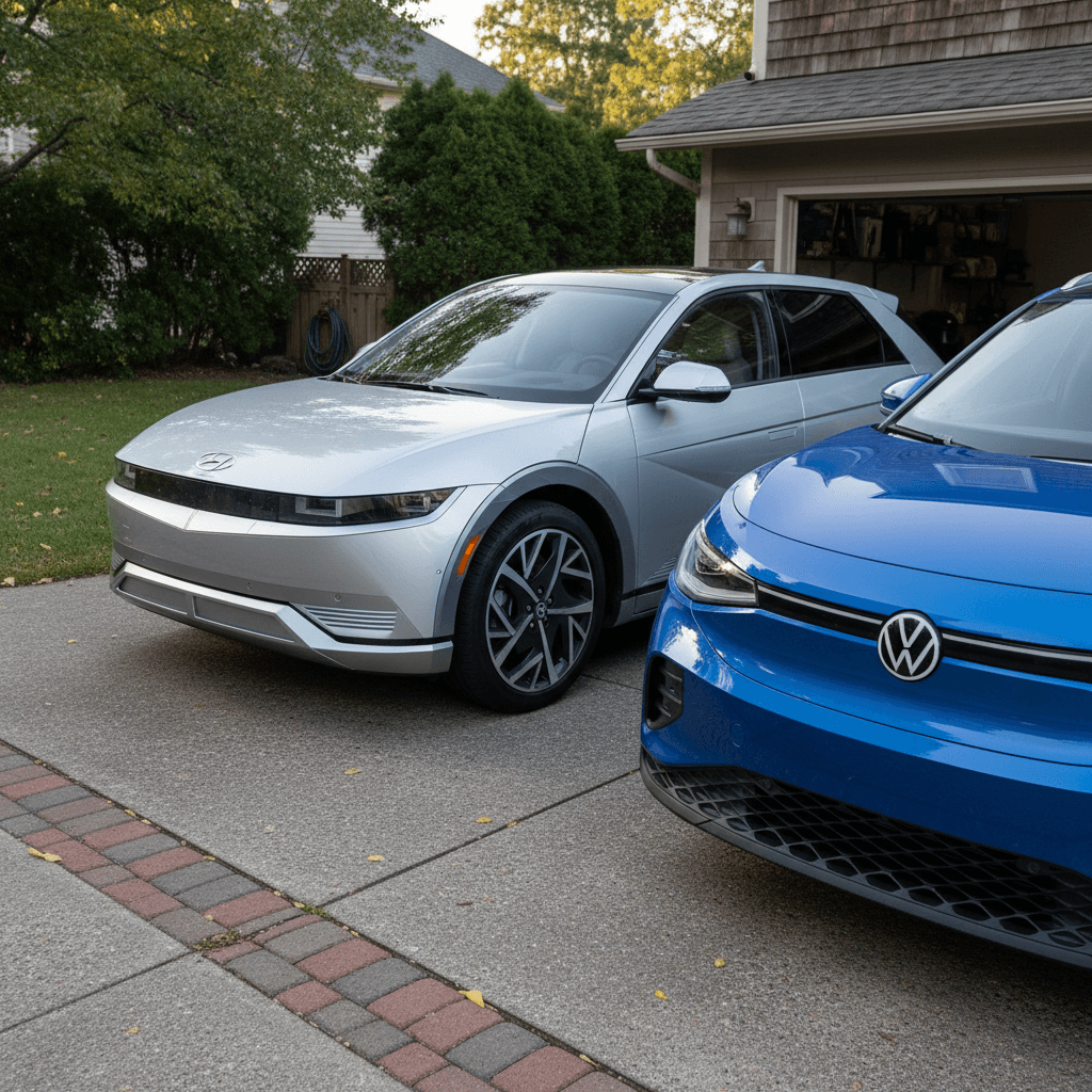Hyundai Ioniq 5 and Volkswagen ID.4 parked in a driveway highlighting their different shapes and design approaches