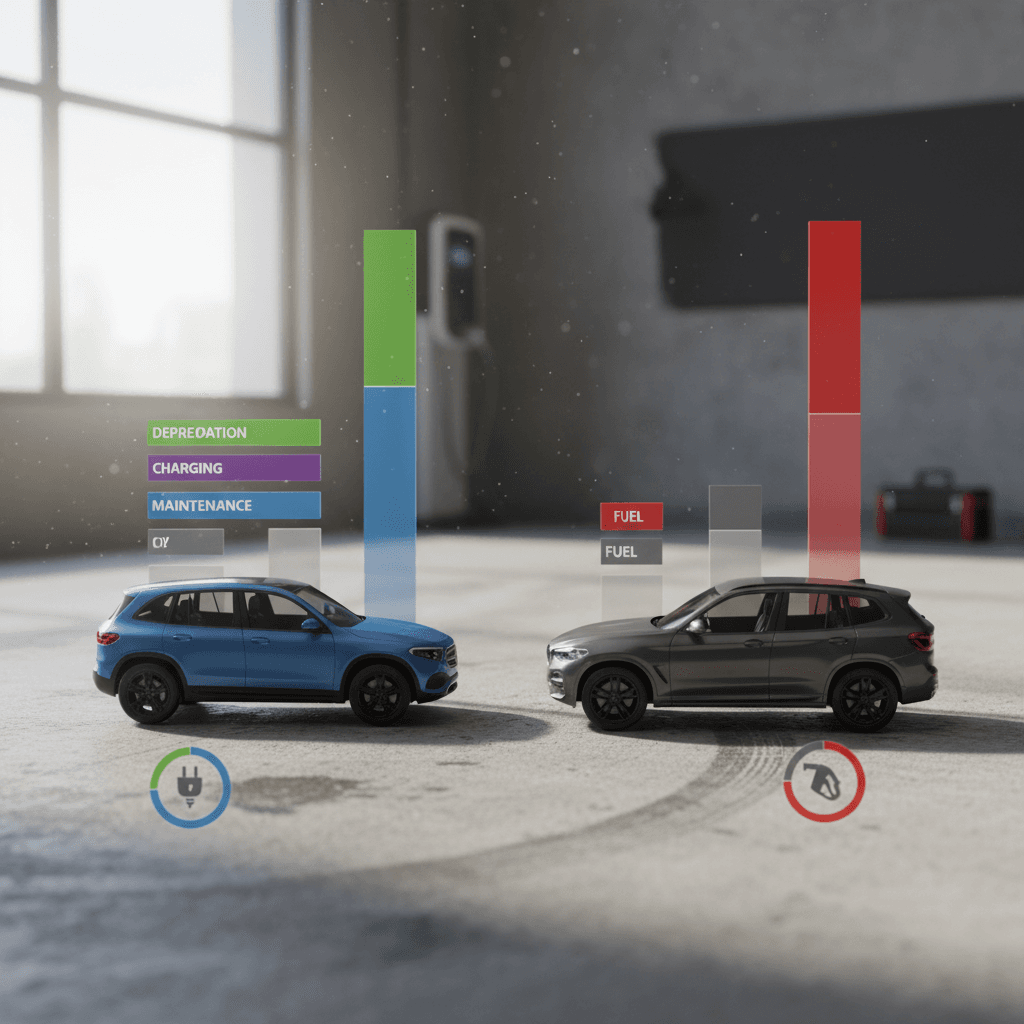 Side-by-side chart comparing 5-year ownership costs of a Mercedes EQB and a similarly priced gas luxury SUV, breaking out depreciation, fuel or electricity, maintenance, and insurance.