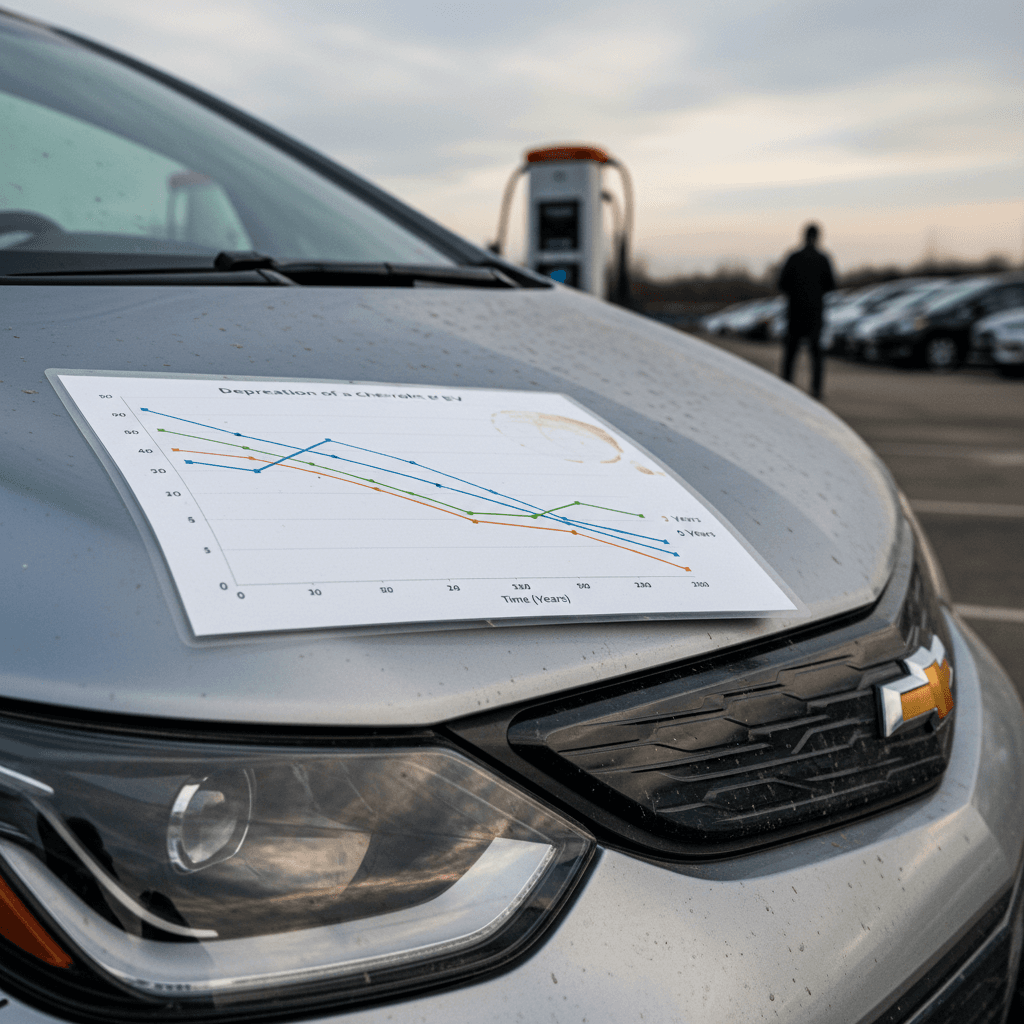 Line graph showing Chevrolet Bolt EV depreciation curve over 3, 5, and 8 years compared with a typical gasoline compact car