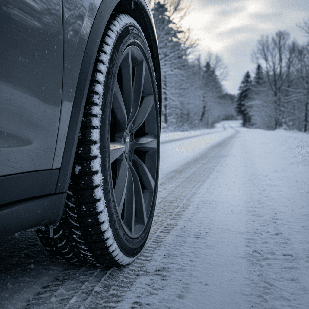 Close-up of a Tesla Model X wheel fitted with winter tires on a snow-covered road
